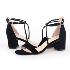 5cm Low Heels Velvet Stripe Ankle Strap Sandal