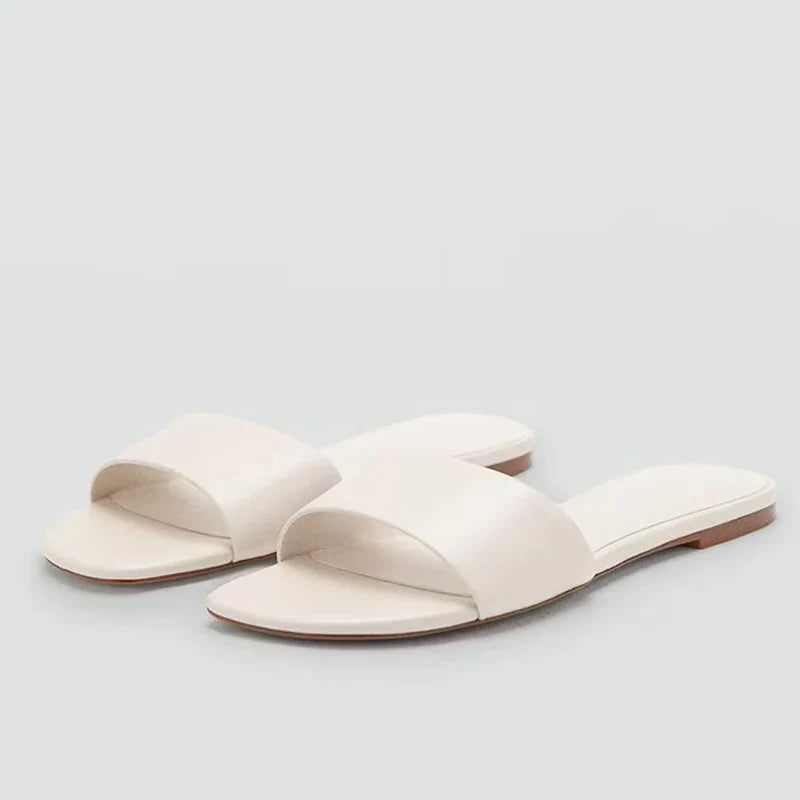 Designer Slides Female Concise Comfortable Leather Square Toe Flat Slippers