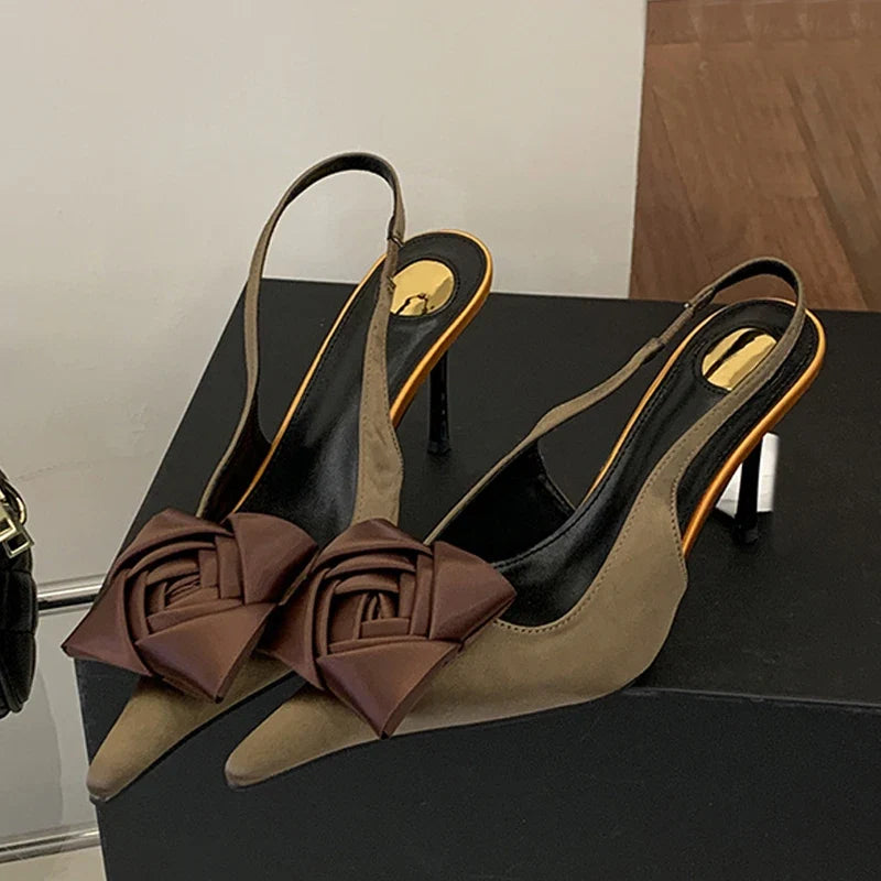 Design Satin Square Flower Pointed Toe Slingback Sandals