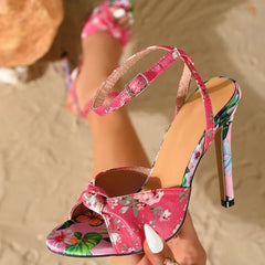Design Print Flower Silk Ankle Strap Sandals