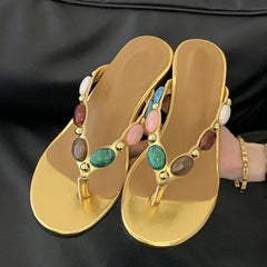 Bohemian Style Colour Gem Strap Designer Slides Women Clip Toe Wedge Slipper