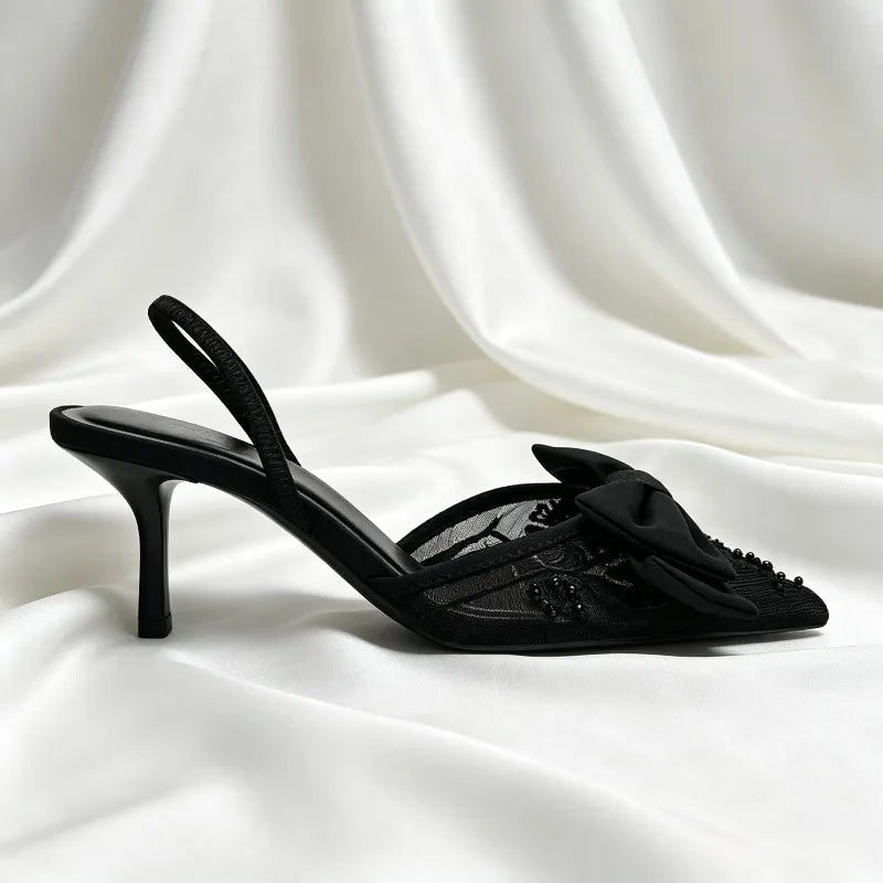 Black Bow String Bead Decoration Pumps