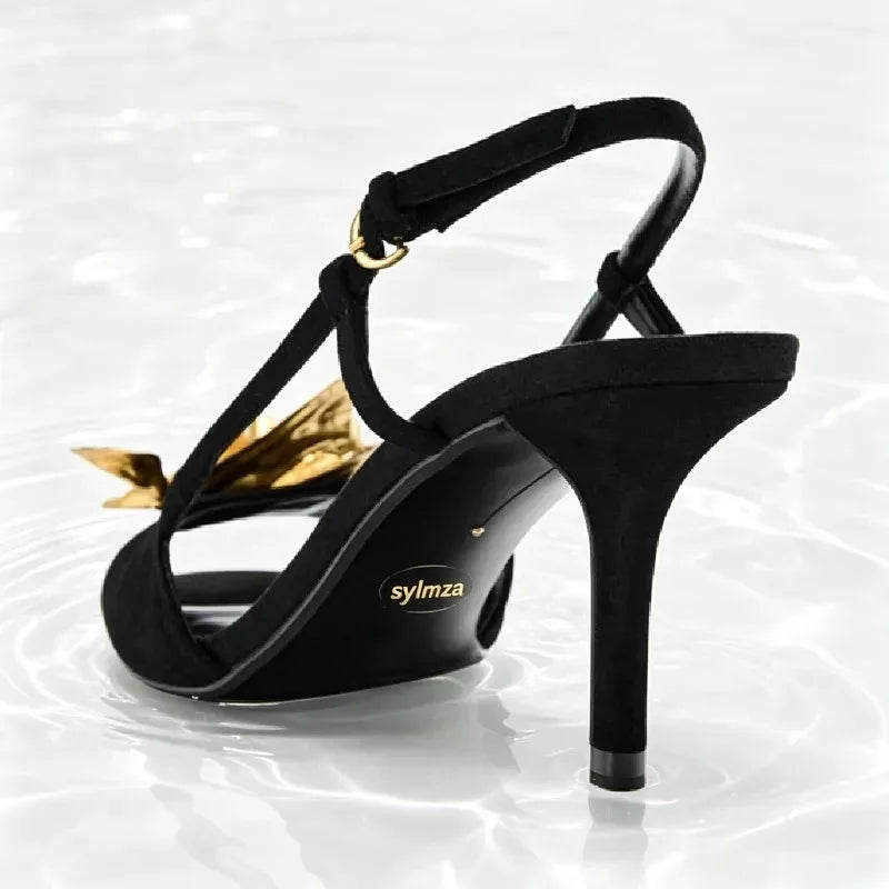Novelty Metallic Flower Embellished Heeled Sandals