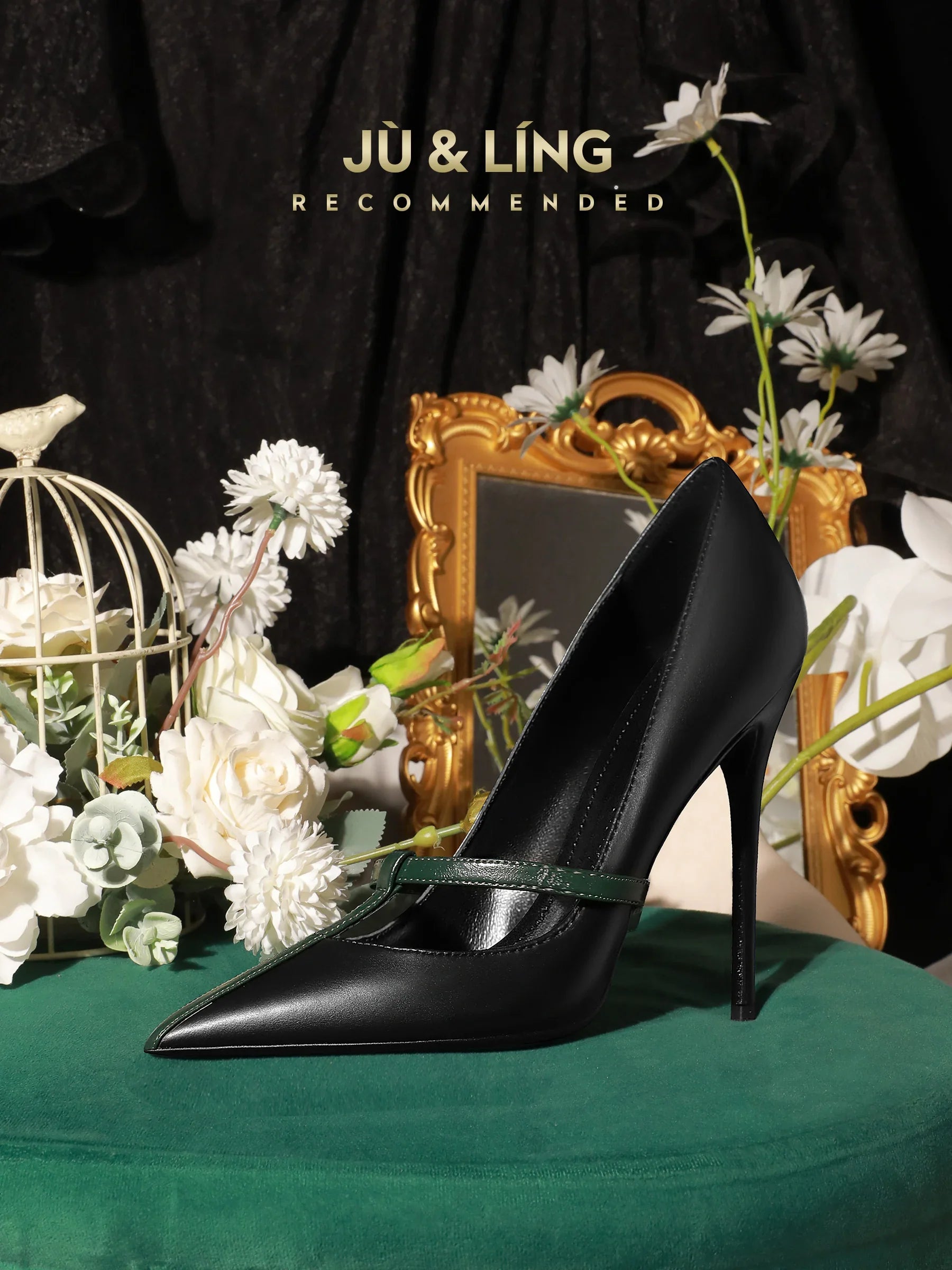 Style High Heels Women's Thin Heels T-shaped Straps Sexy Black Pointed Single Shoes Color blocked Splicing Single Shoes