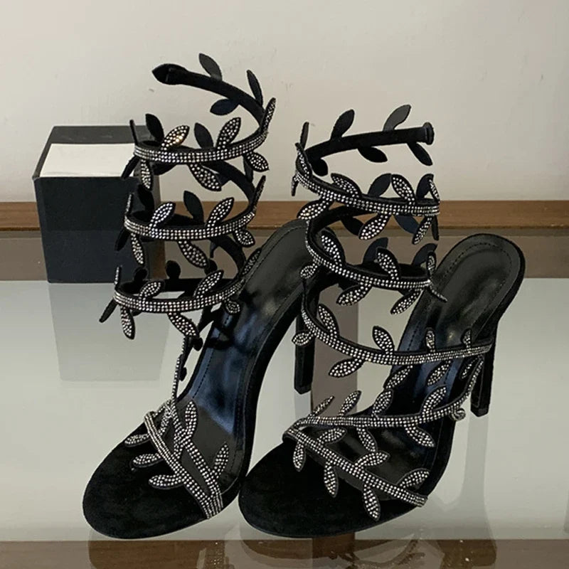Summer Crystal Leaf Ankle Snake Twine Around Strap Sandals