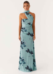 Songbird Maxi Dress - Blue Black Floral Strapless
