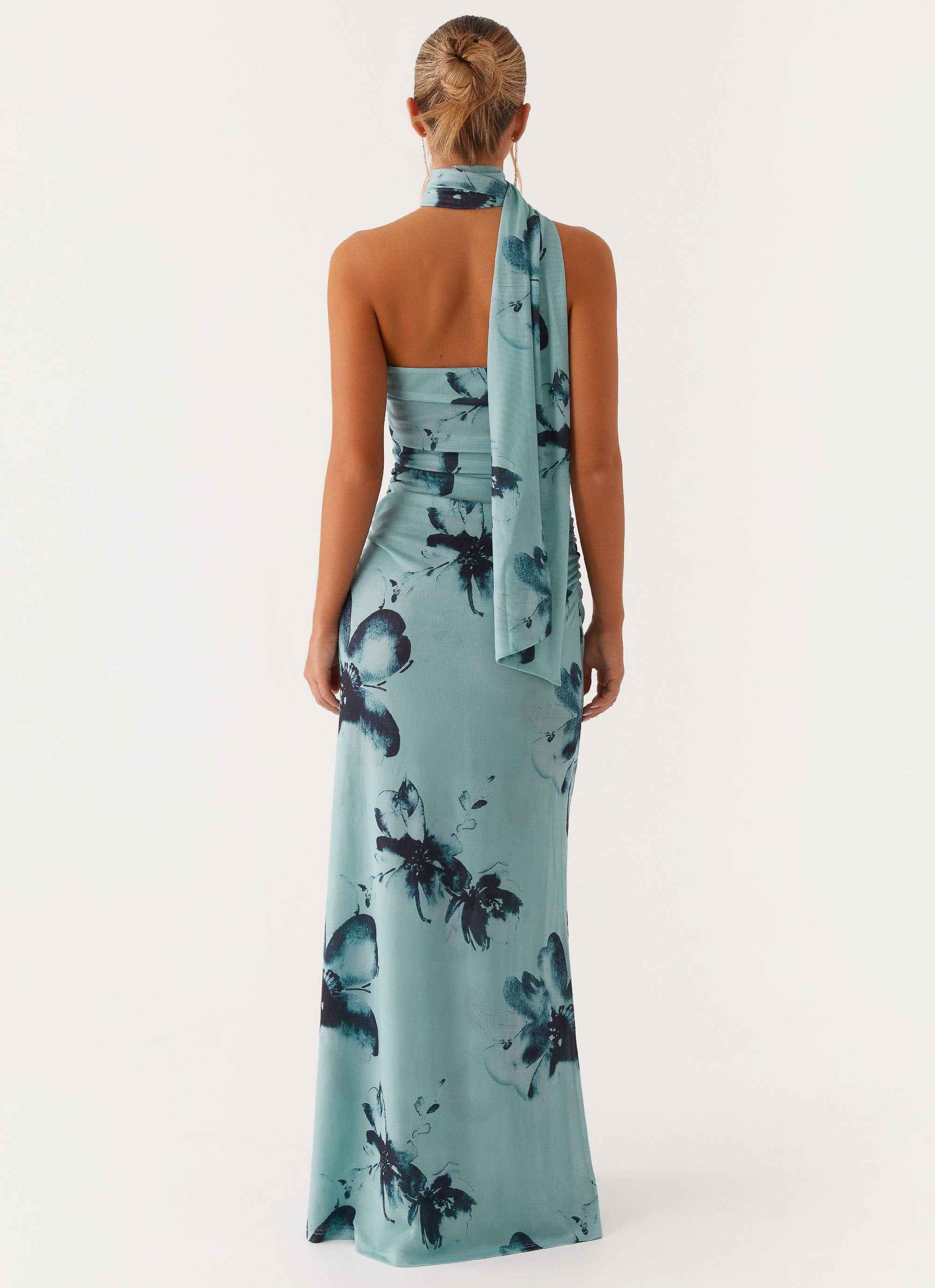 Songbird Maxi Dress - Blue Black Floral Strapless