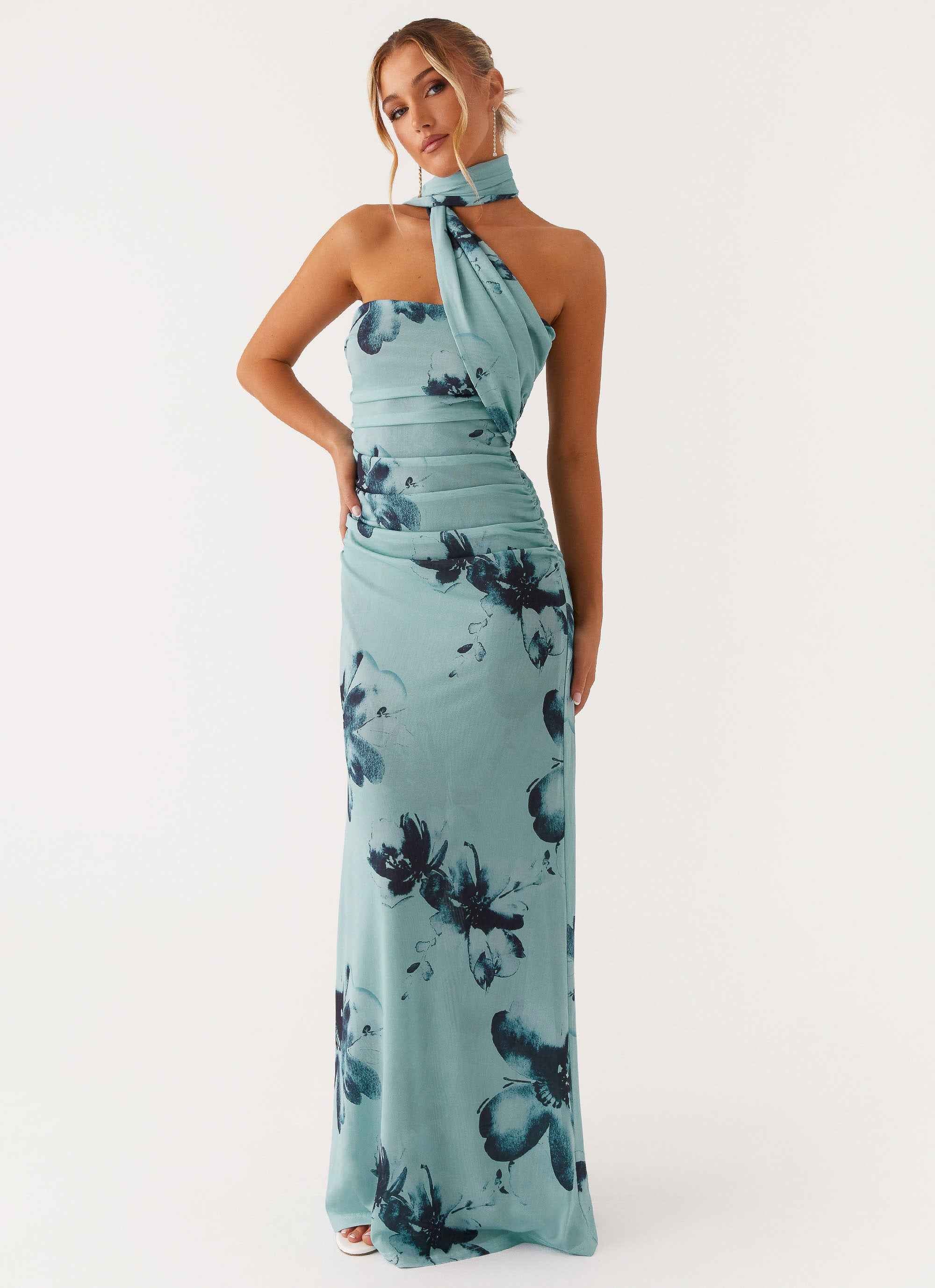 Songbird Maxi Dress - Blue Black Floral Strapless