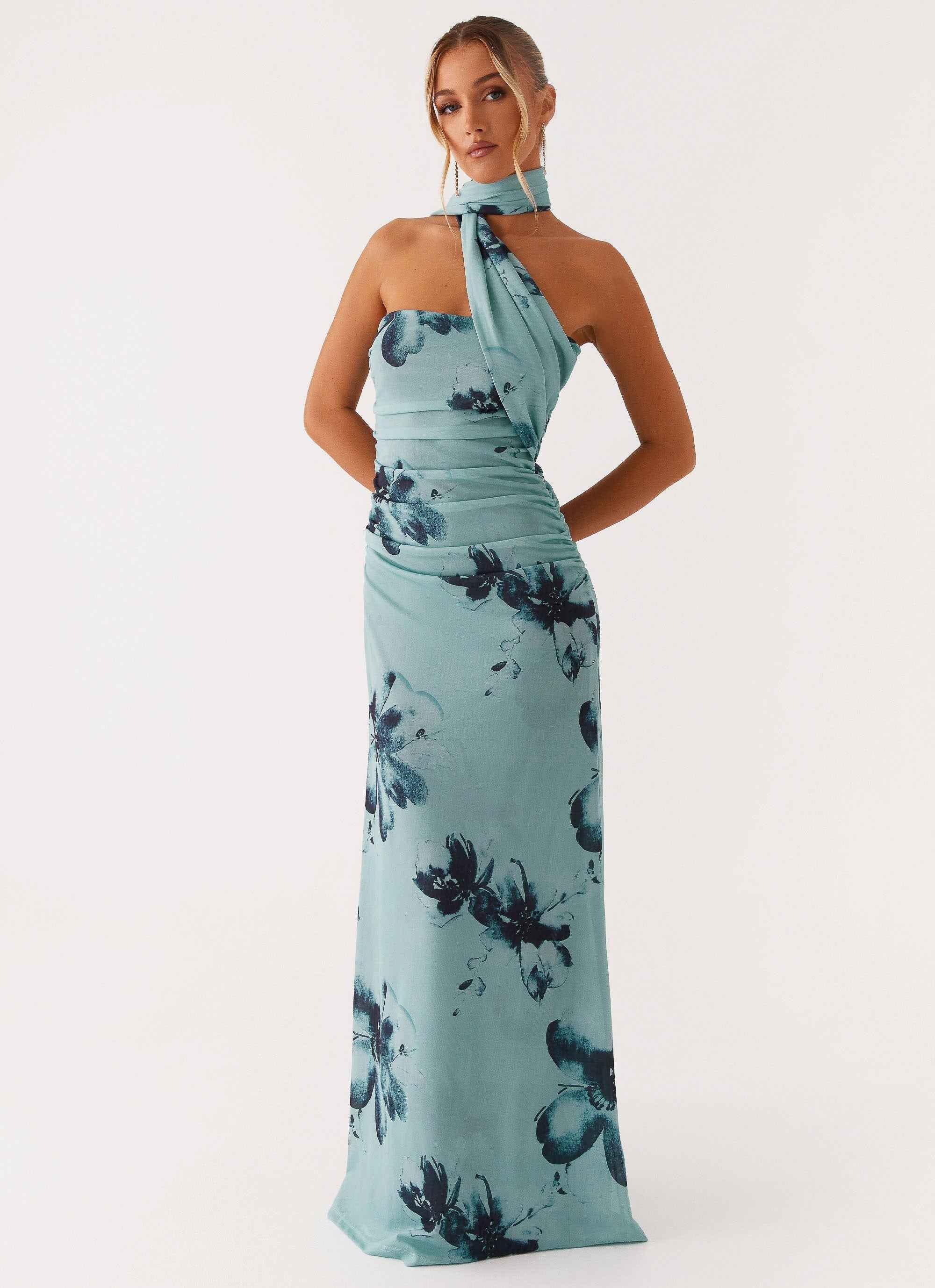 Songbird Maxi Dress - Blue Black Floral Strapless