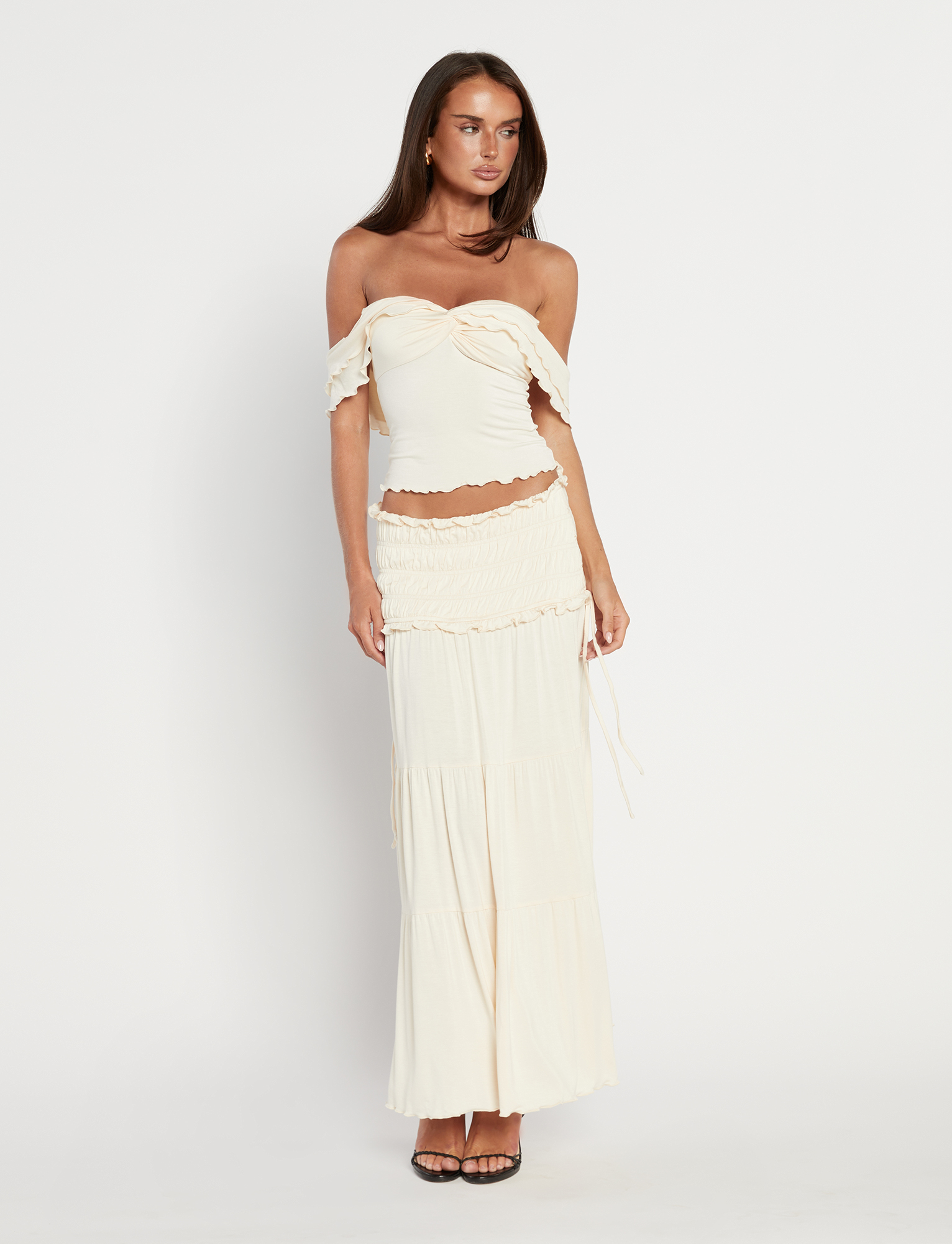 Denali Maxi Skirt - Bone Jersey Shirred Waistband