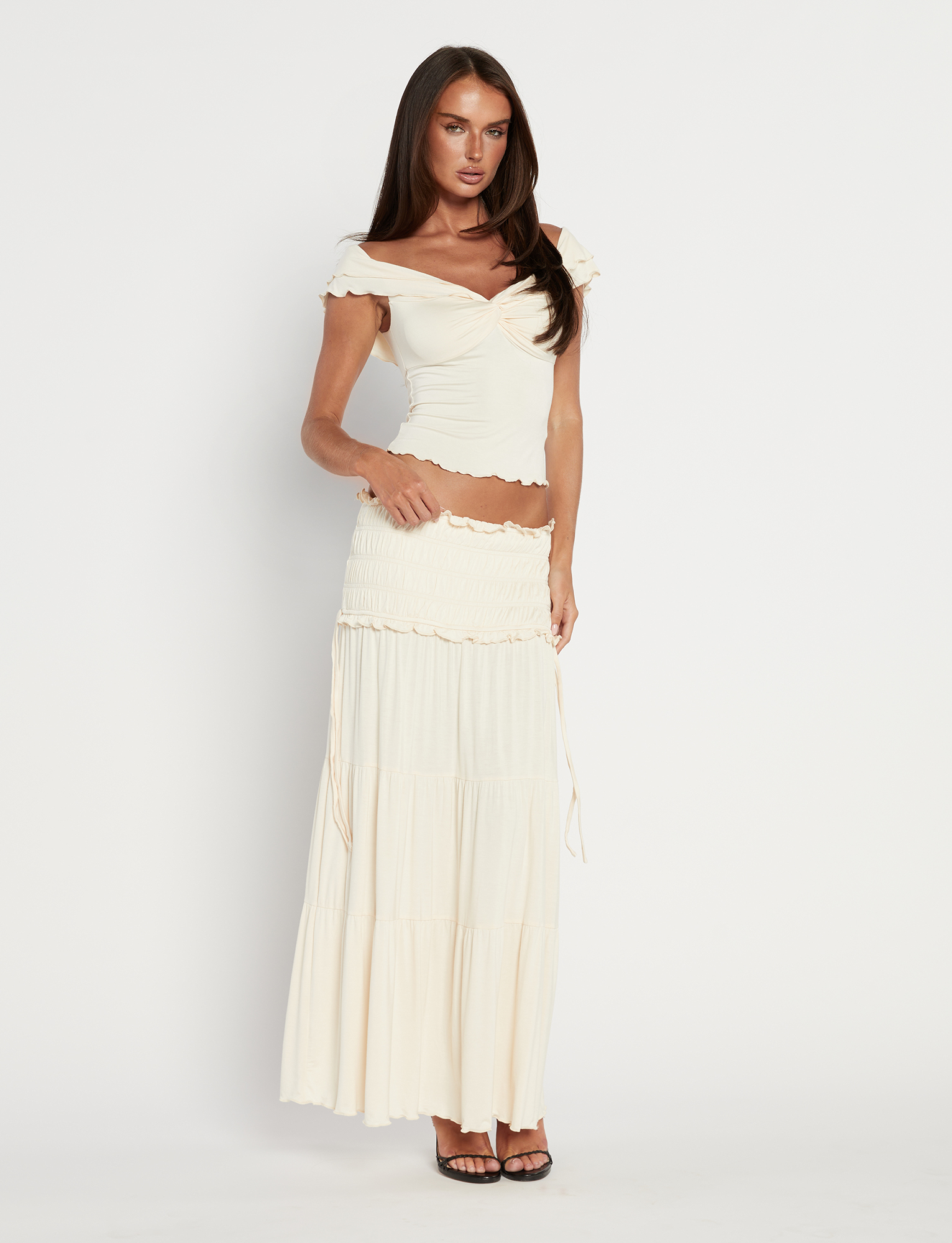 Denali Maxi Skirt - Bone Jersey Shirred Waistband