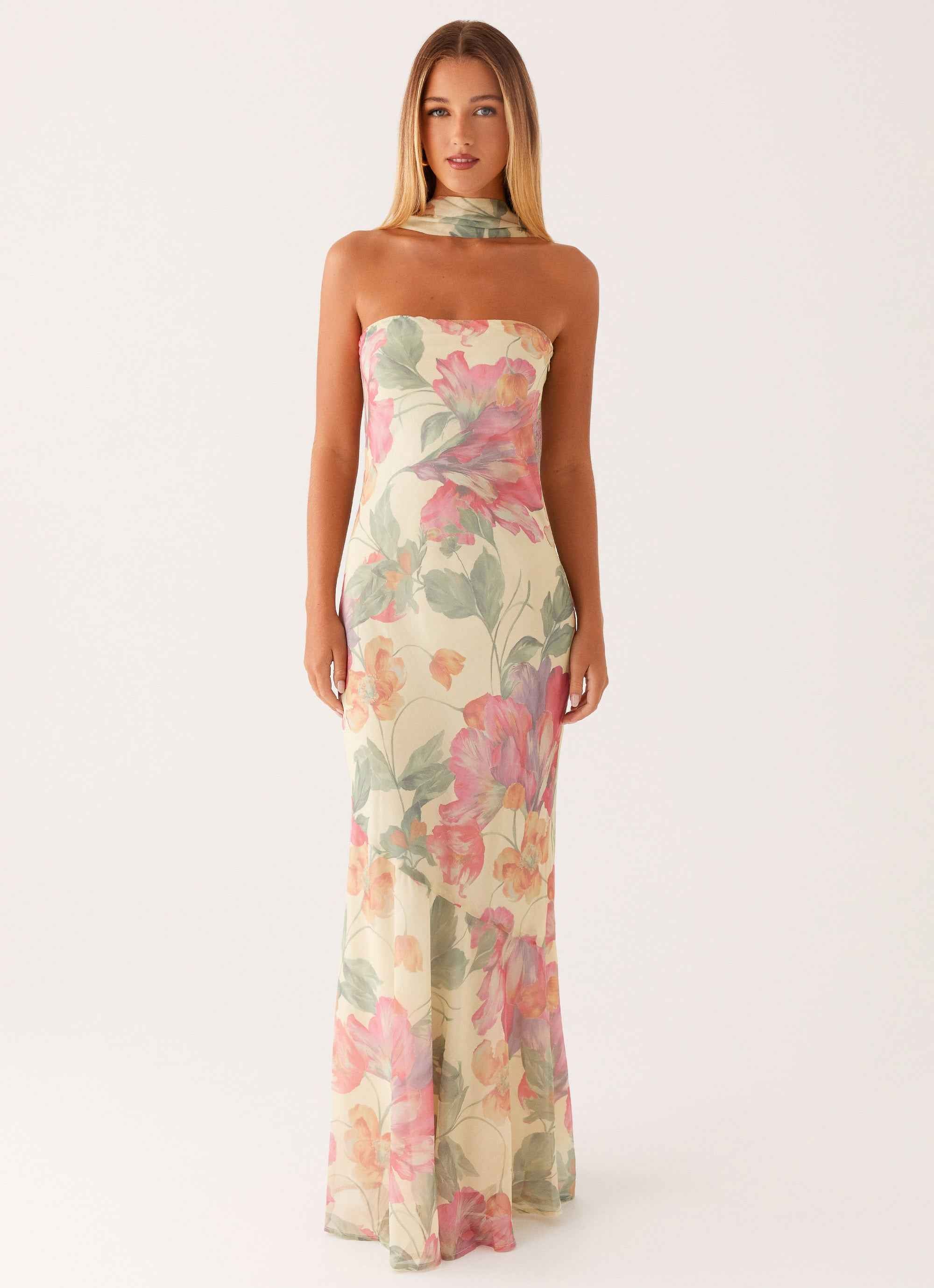 Pagoda Maxi Dress - Orange Floral Strapless