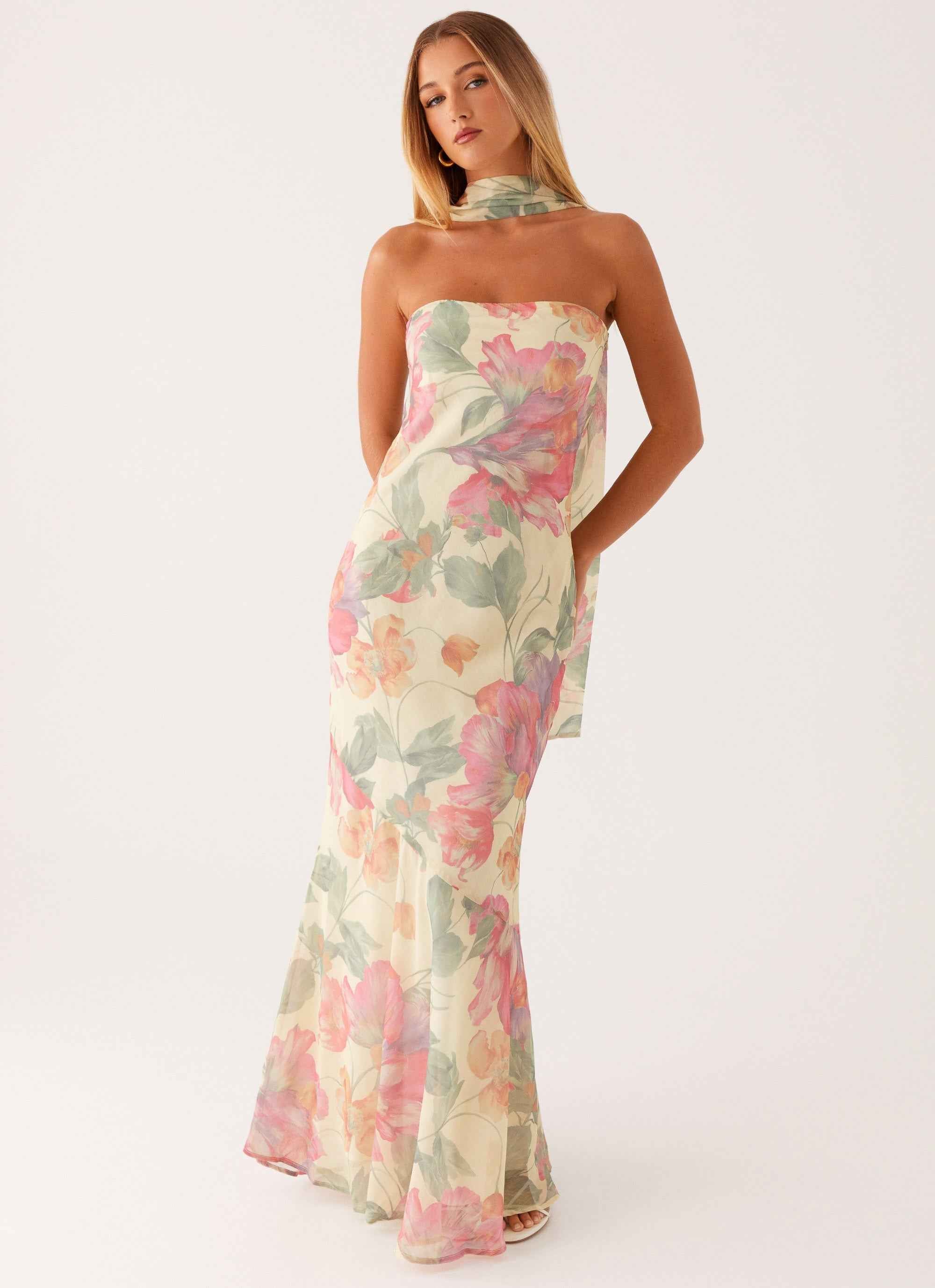 Pagoda Maxi Dress - Orange Floral Strapless