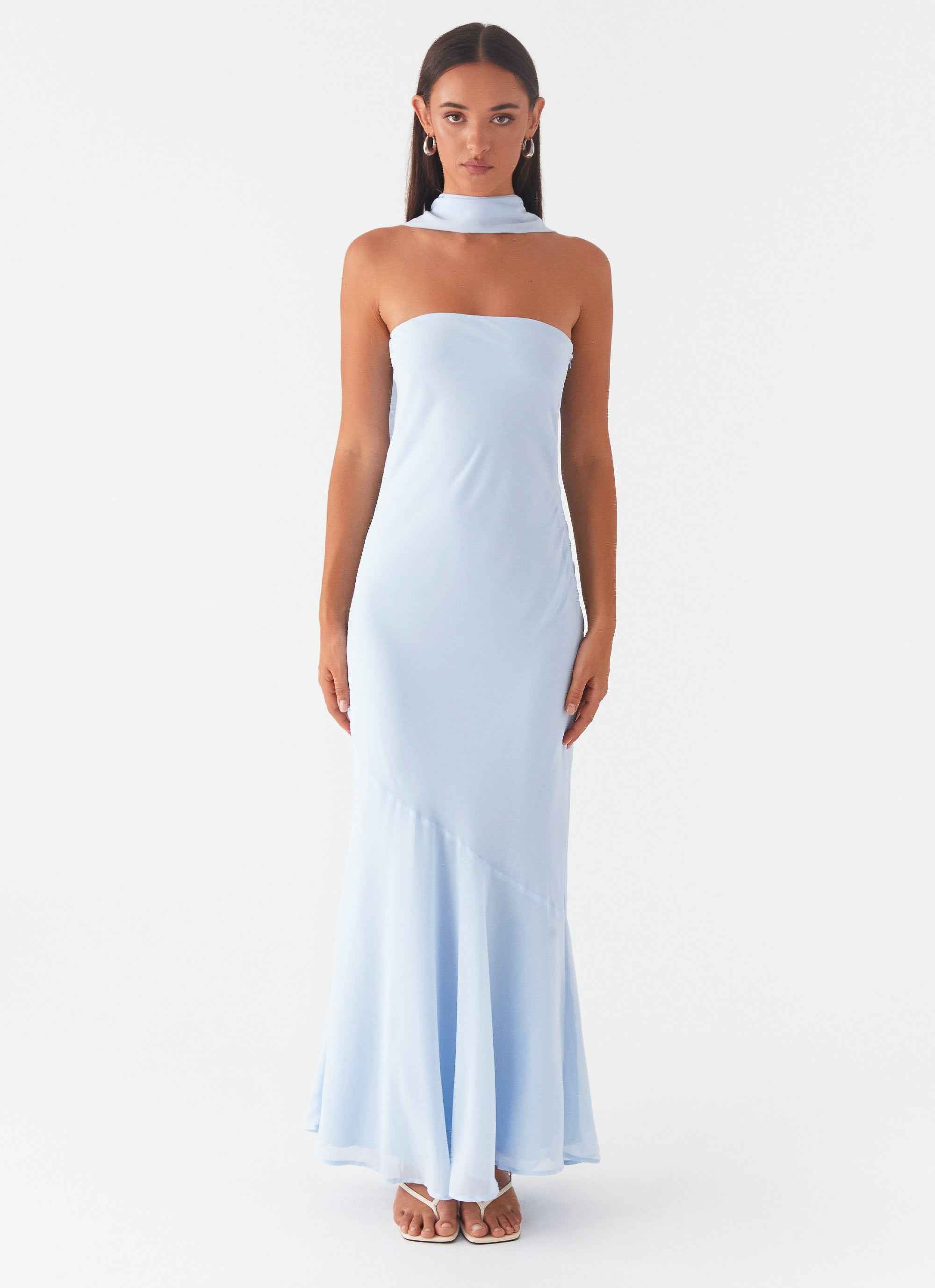 Pagoda Maxi Dress - Blue Strapless Asymmetrical