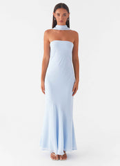 Pagoda Maxi Dress - Blue Strapless Asymmetrical