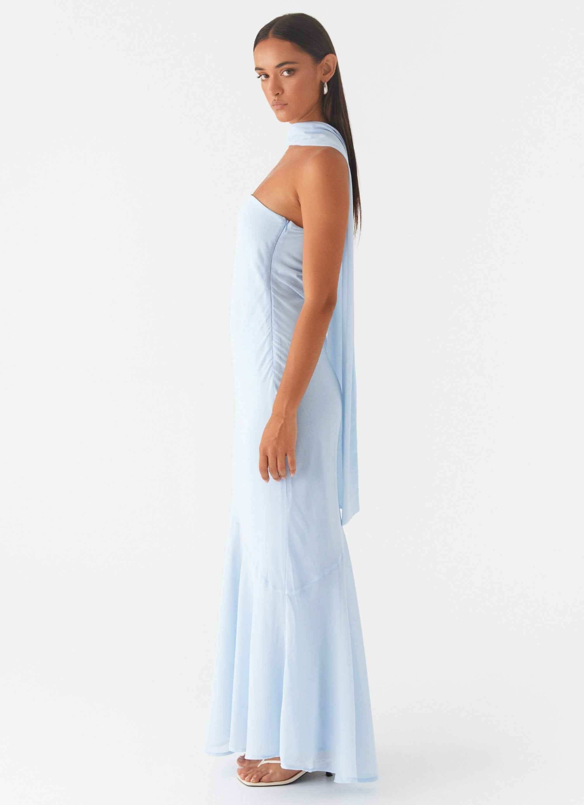 Pagoda Maxi Dress - Blue Strapless Asymmetrical