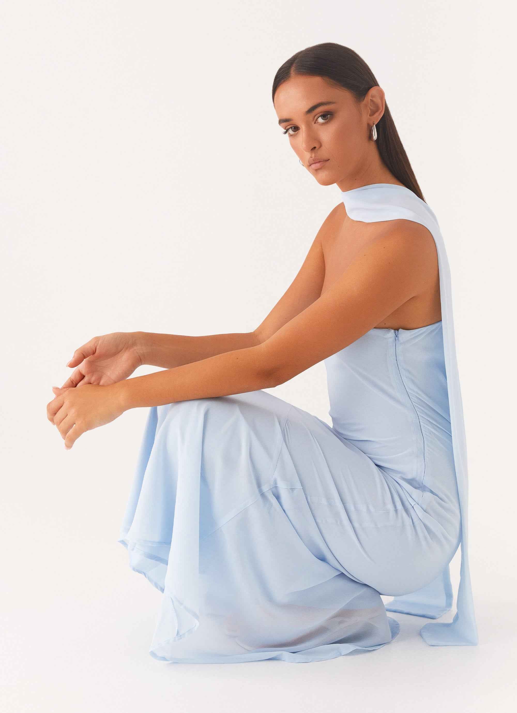 Pagoda Maxi Dress - Blue Strapless Asymmetrical