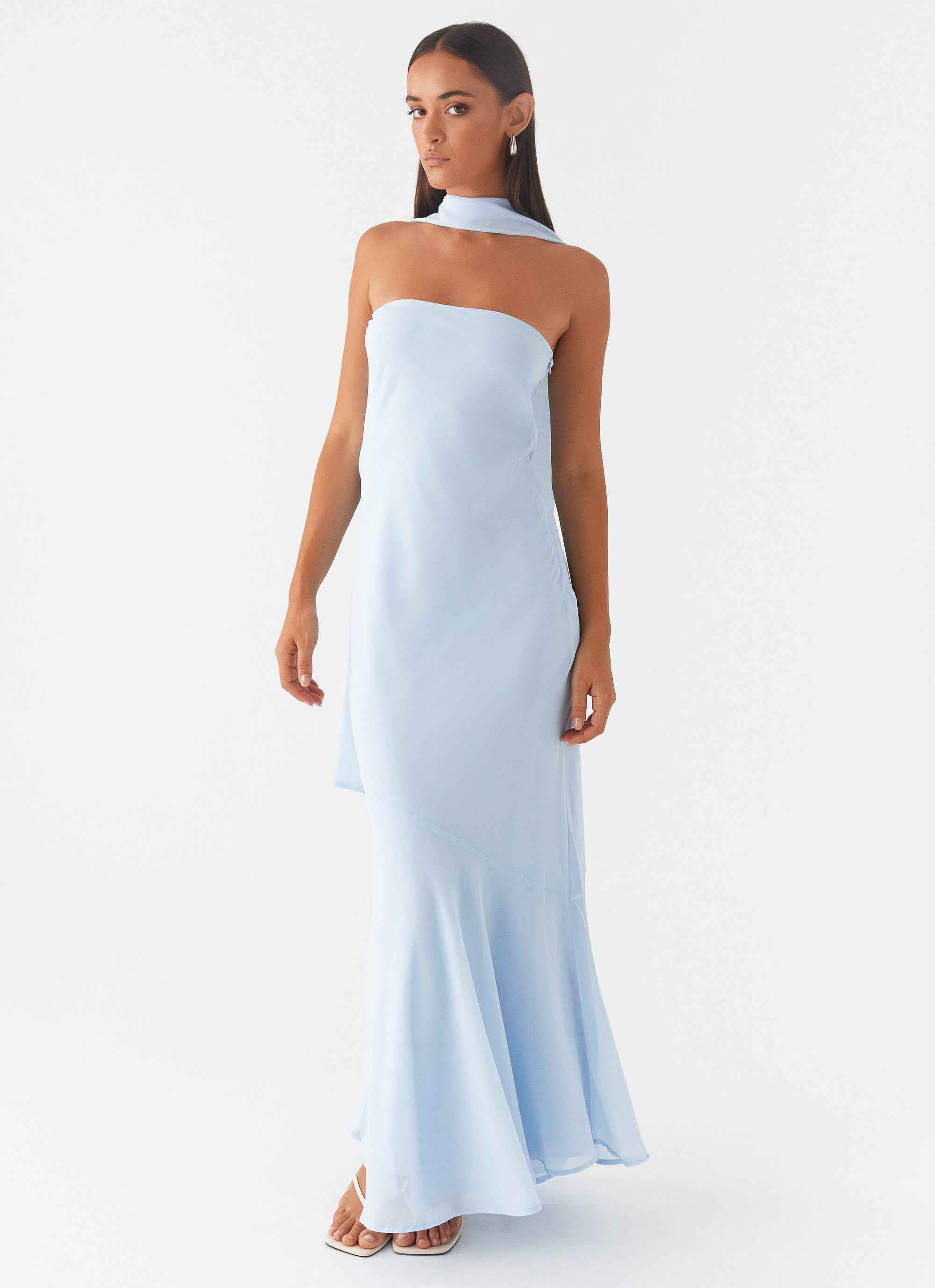 Pagoda Maxi Dress - Blue Strapless Asymmetrical