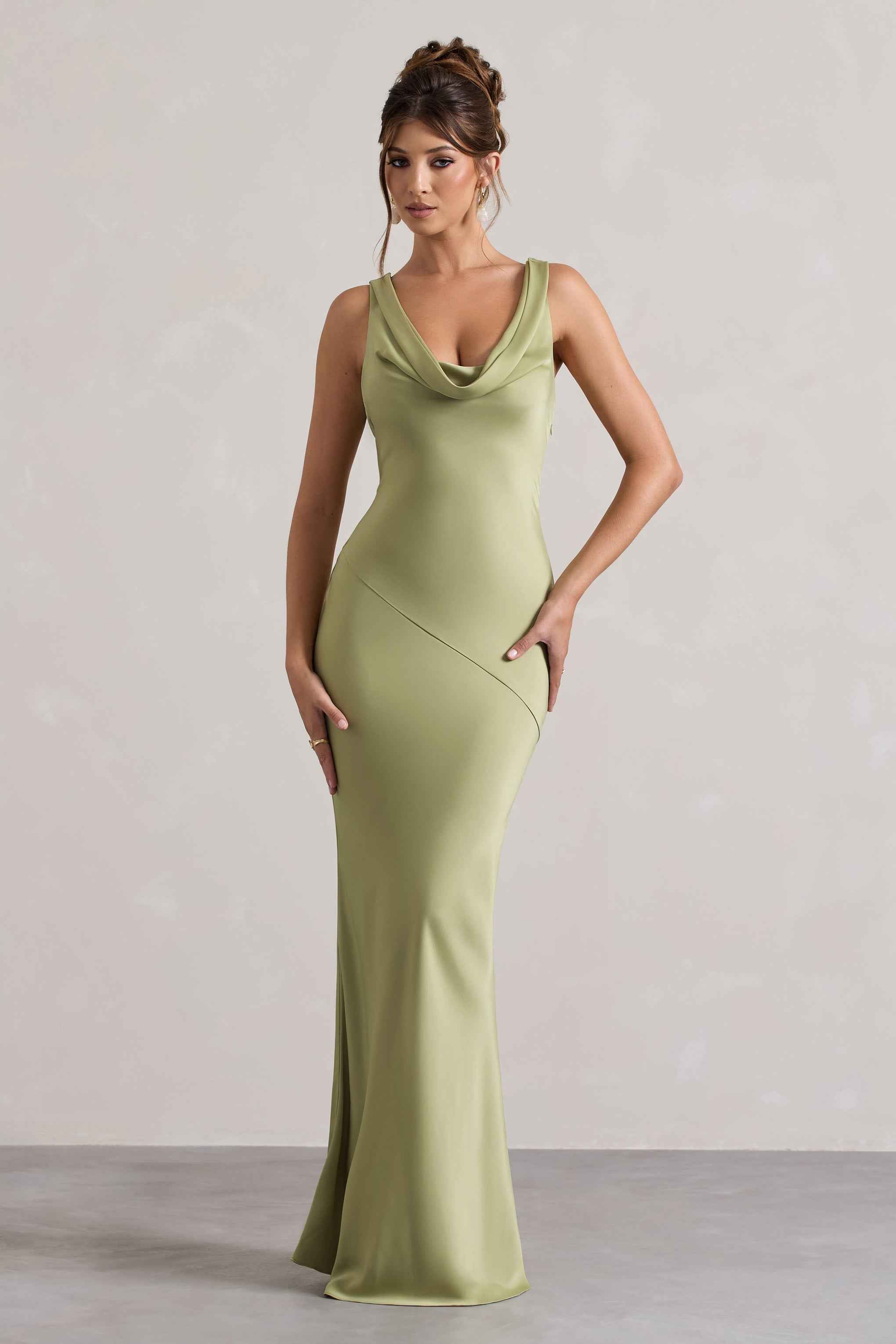 Alesso Maxi Dress - Light Olive Satin Cowl Neck