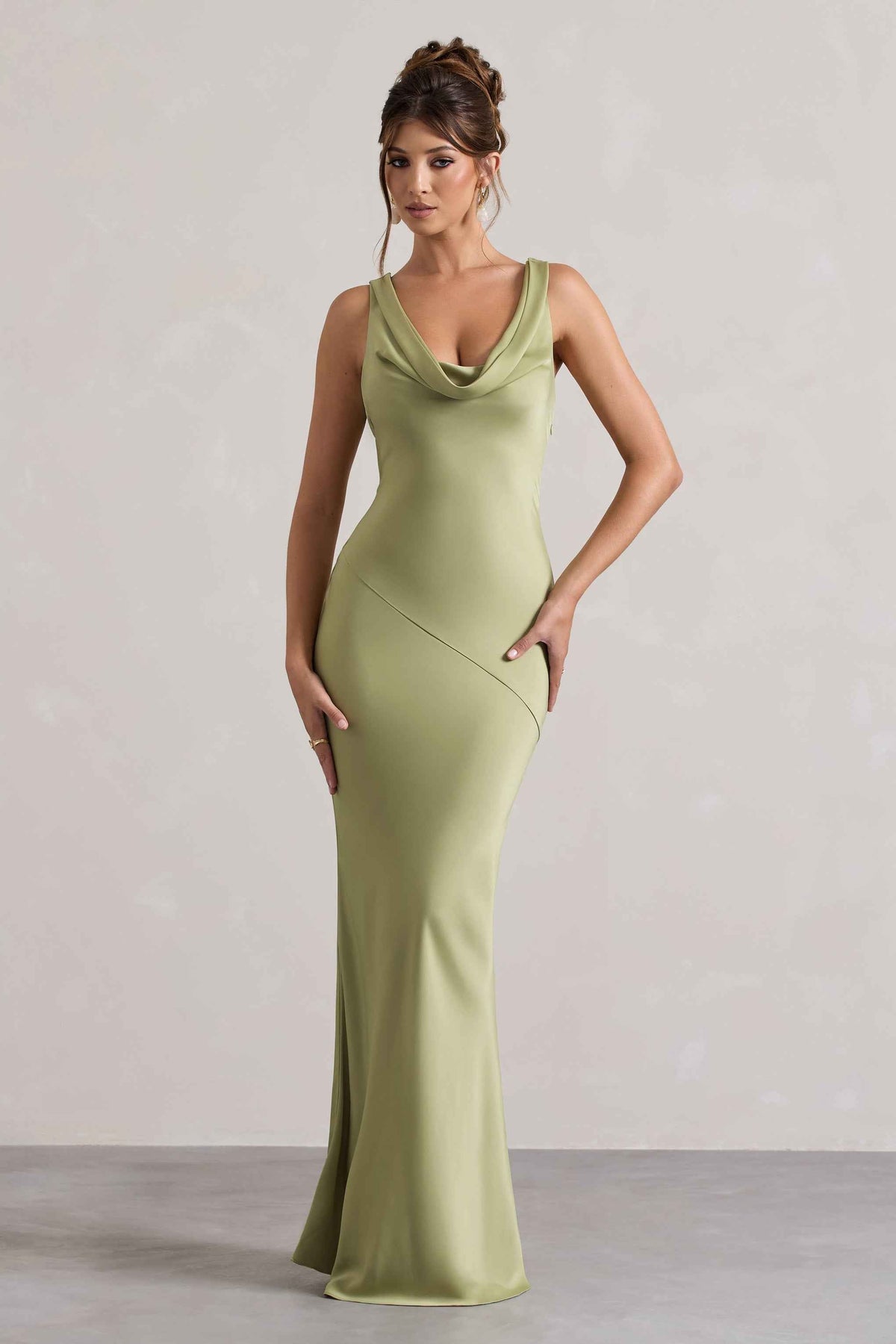 Alesso Maxi Dress - Light Olive Satin Cowl Neck