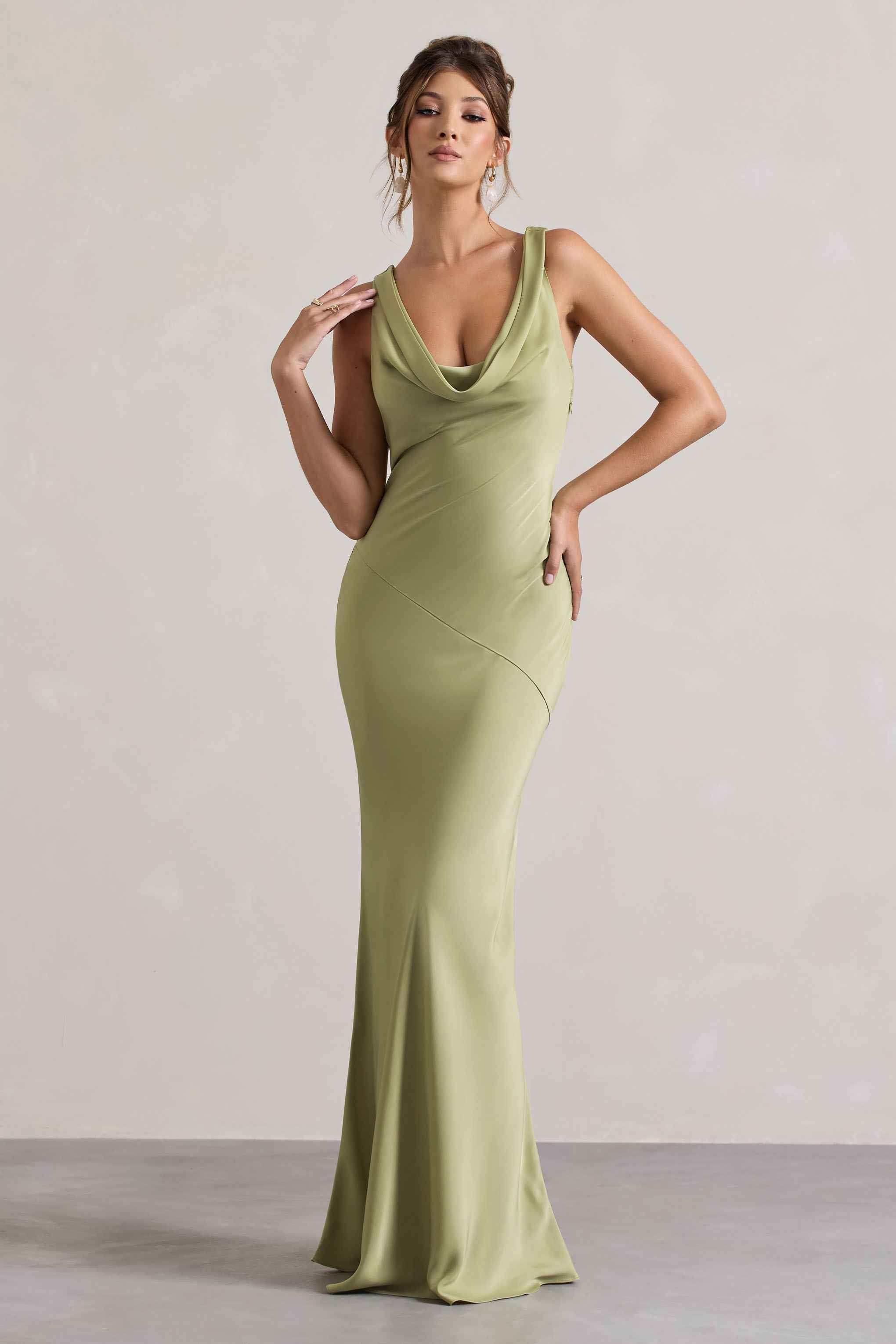 Alesso Maxi Dress - Light Olive Satin Cowl Neck