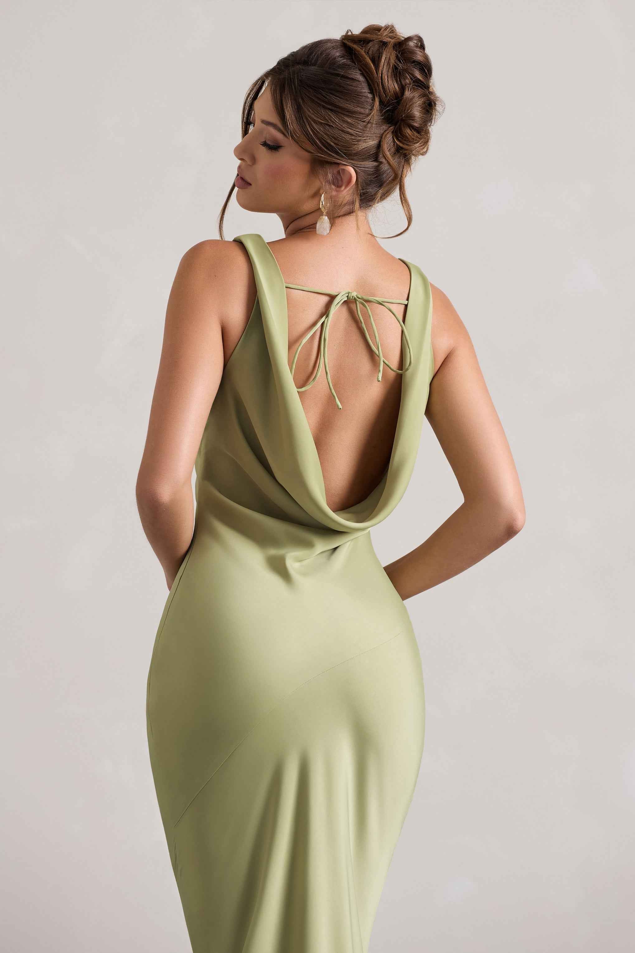 Alesso Maxi Dress - Light Olive Satin Cowl Neck