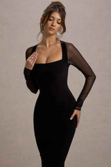 Off Track Midi Dress - Black Sheer Sleeves