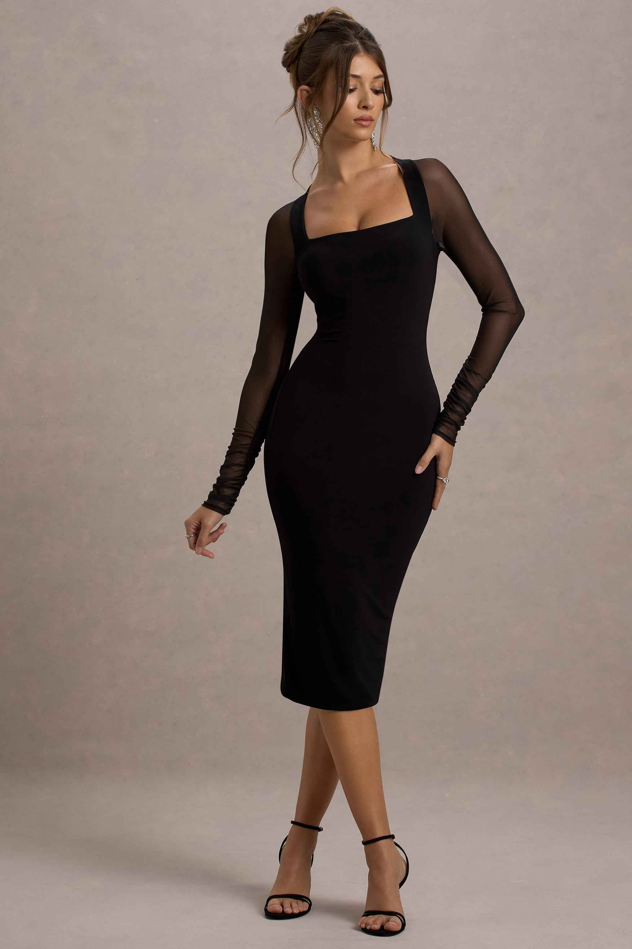 Off Track Midi Dress - Black Sheer Sleeves
