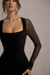 Off Track Midi Dress - Black Sheer Sleeves