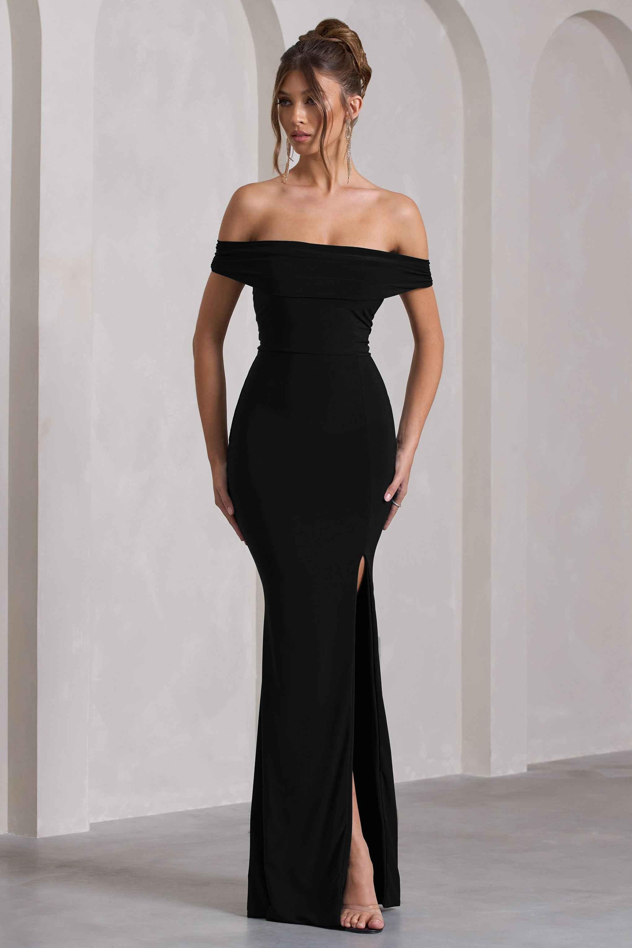 Law of Attraction Maxi Dress - Black Bardot Split