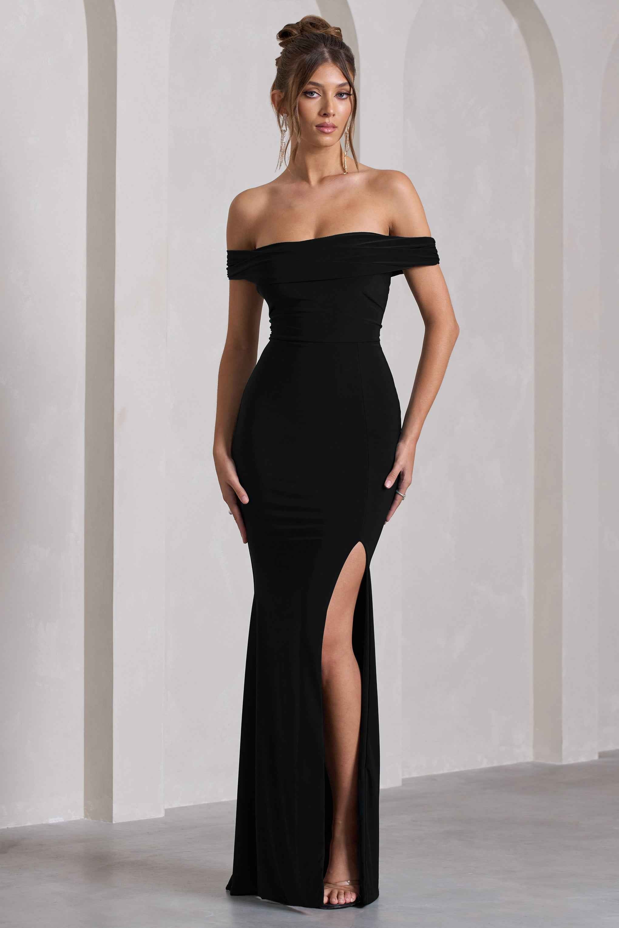 Law of Attraction Maxi Dress - Black Bardot Split