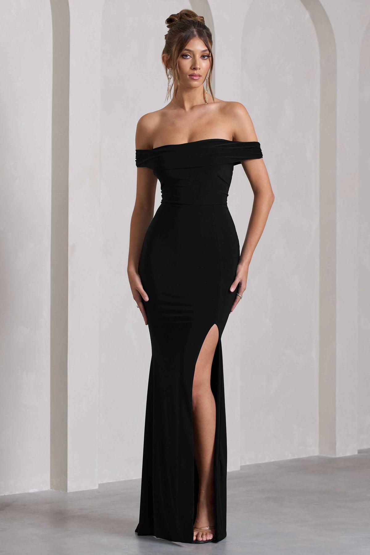 Law of Attraction Maxi Dress - Black Bardot Split