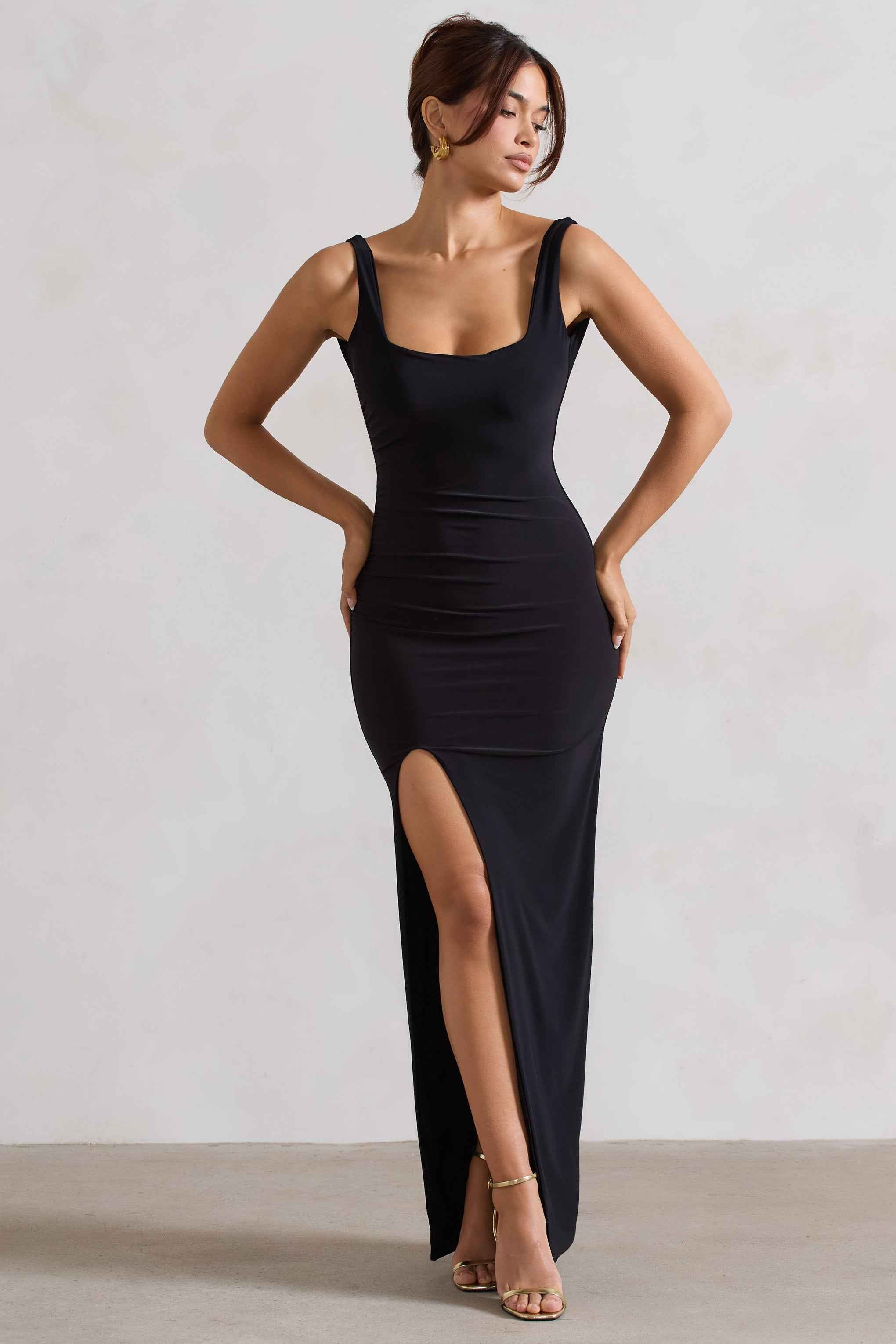 Kate Maxi Dress - Black Square Neck Thigh Split