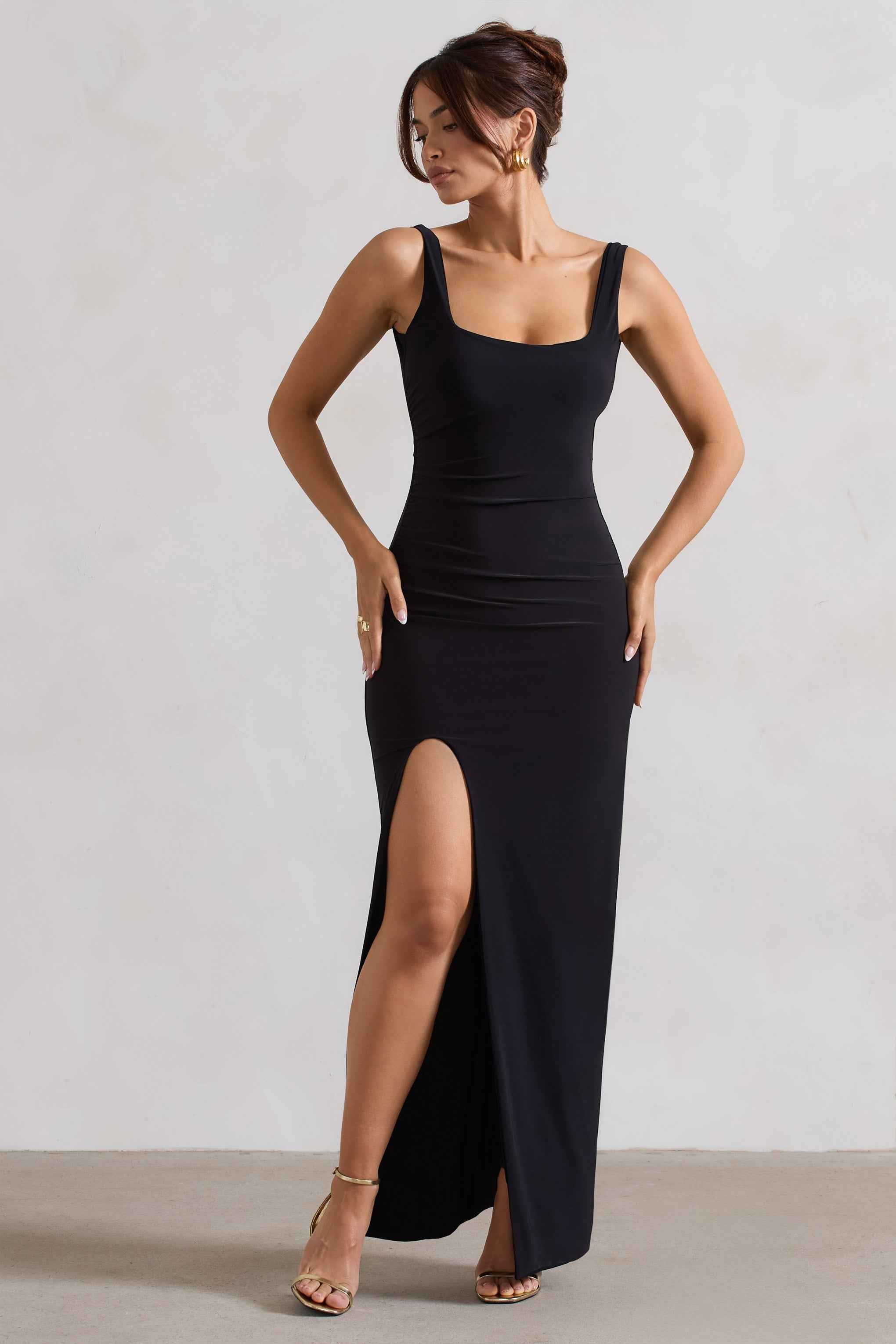 Kate Maxi Dress - Black Square Neck Thigh Split
