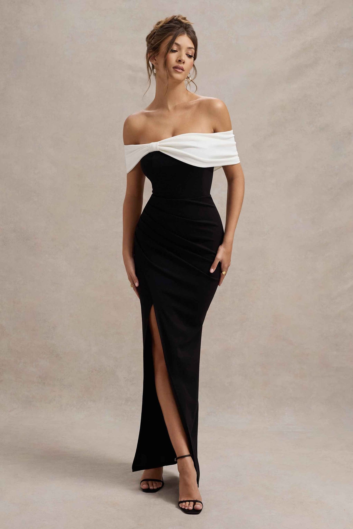 Eva Maxi Dress - Black & White Bardot Bow