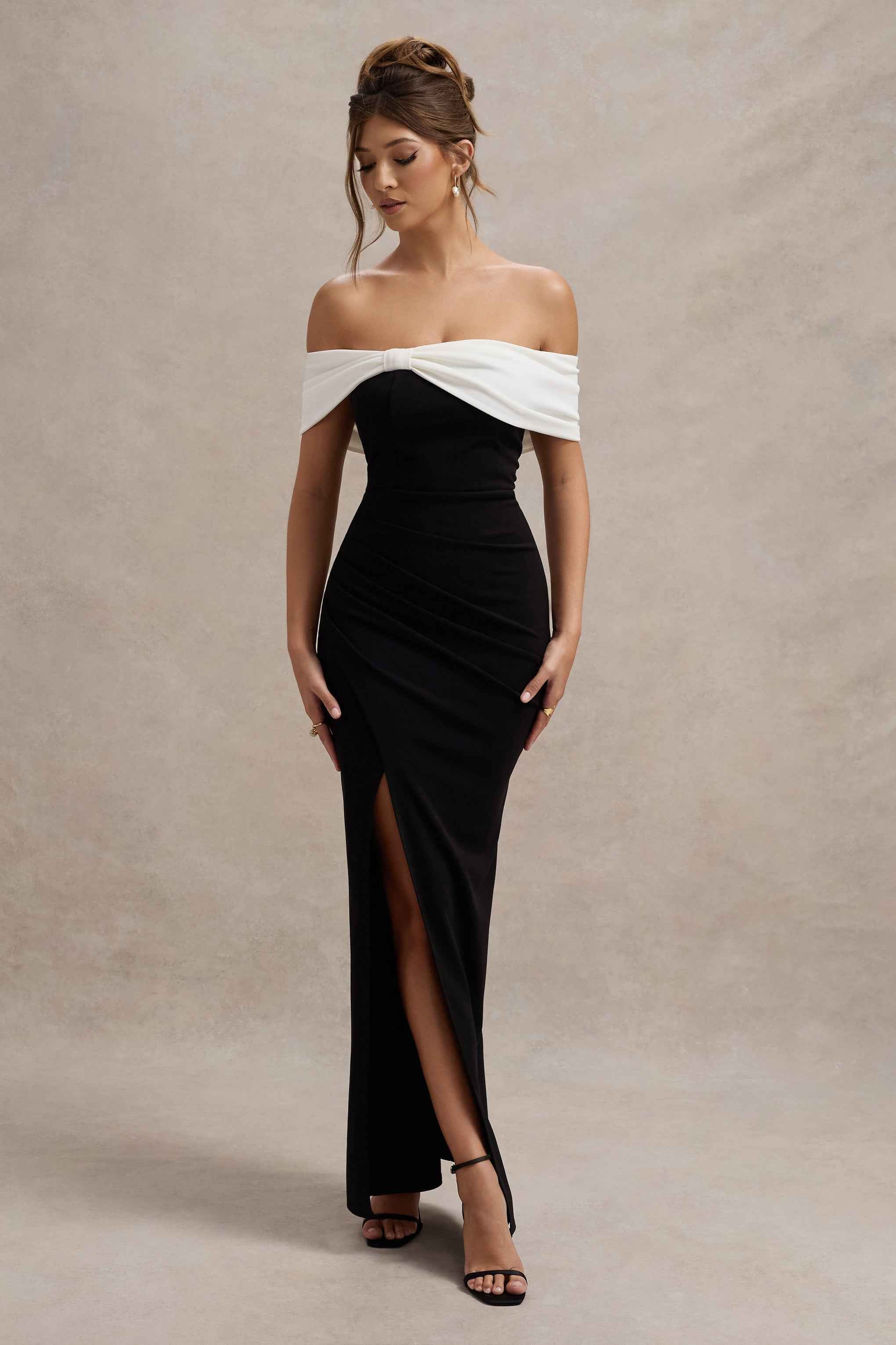 Eva Maxi Dress - Black & White Bardot Bow
