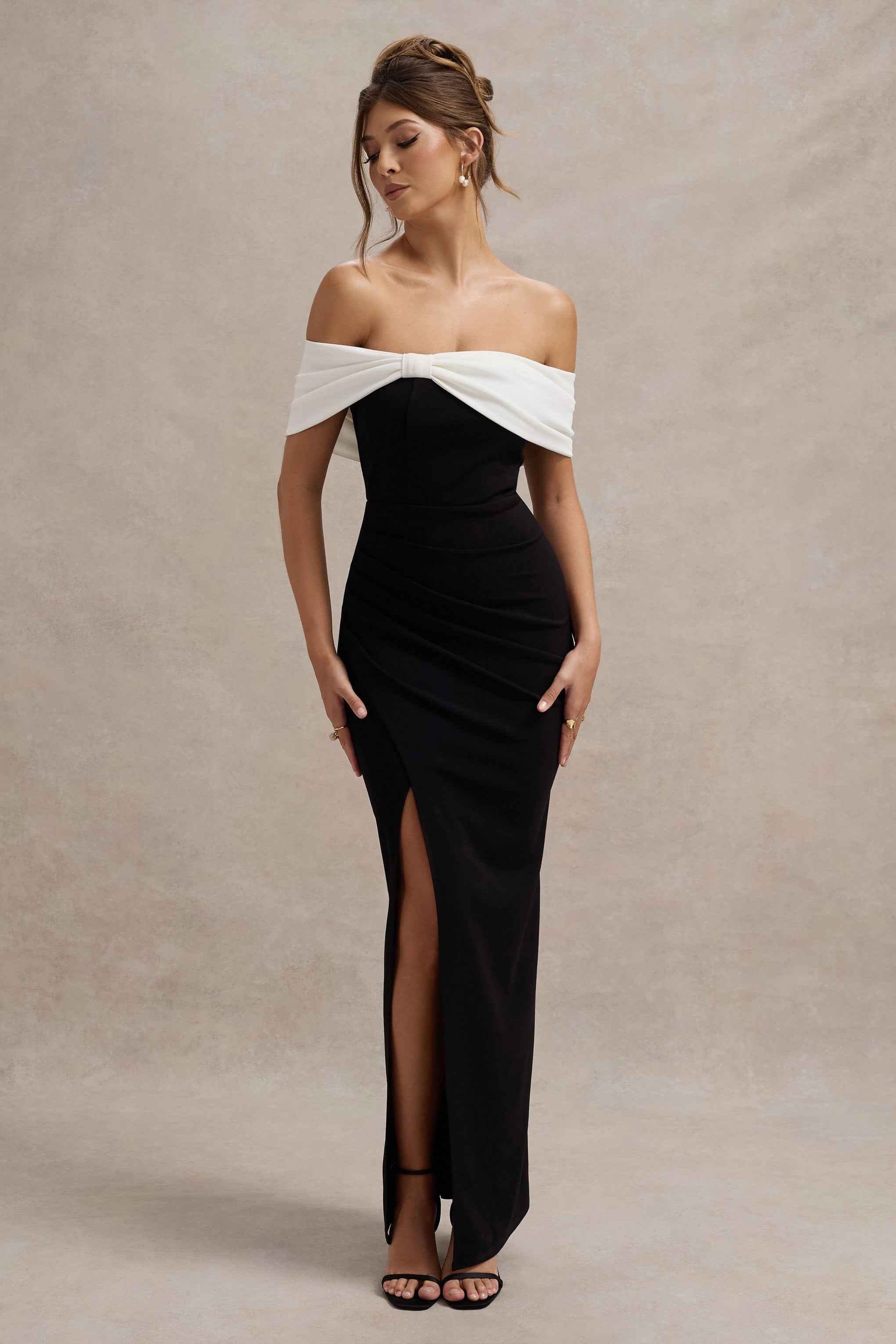 Eva Maxi Dress - Black & White Bardot Bow