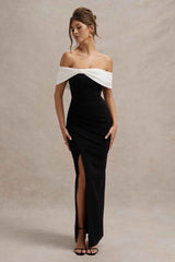Eva Maxi Dress - Black & White Bardot Bow