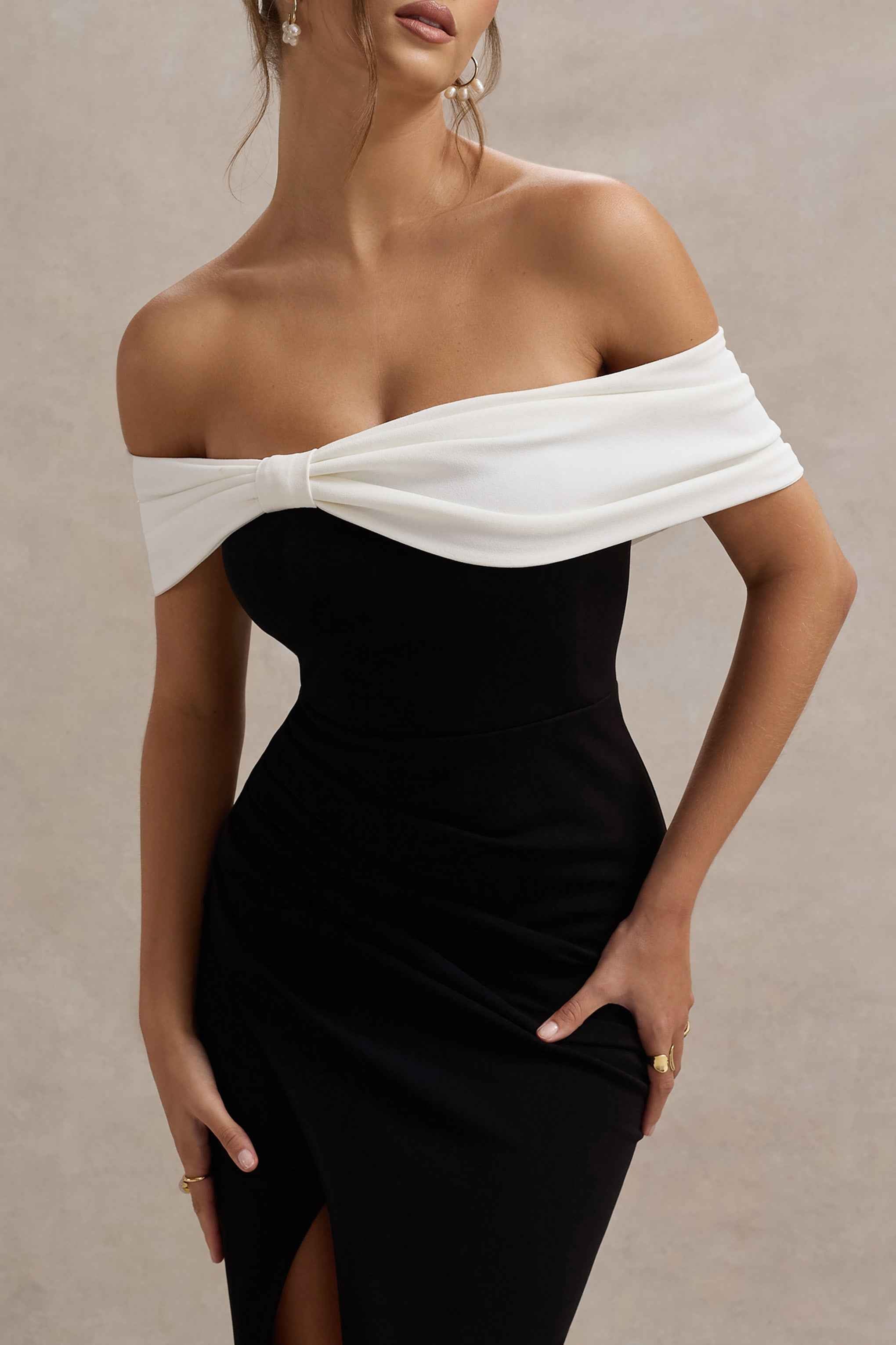 Eva Maxi Dress - Black & White Bardot Bow