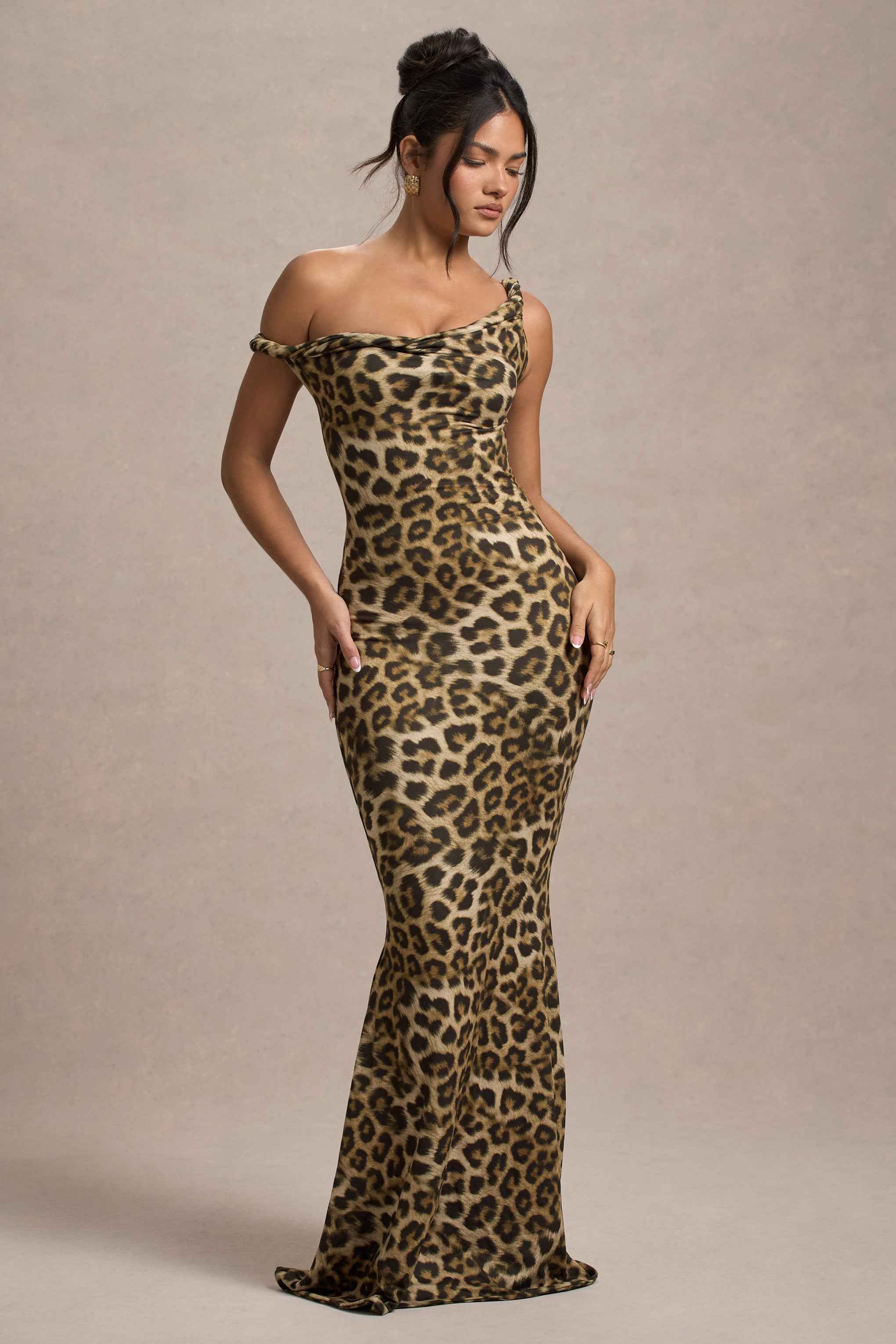 Lita Maxi Dress - Leopard Print Asymmetric Twisted Neckline