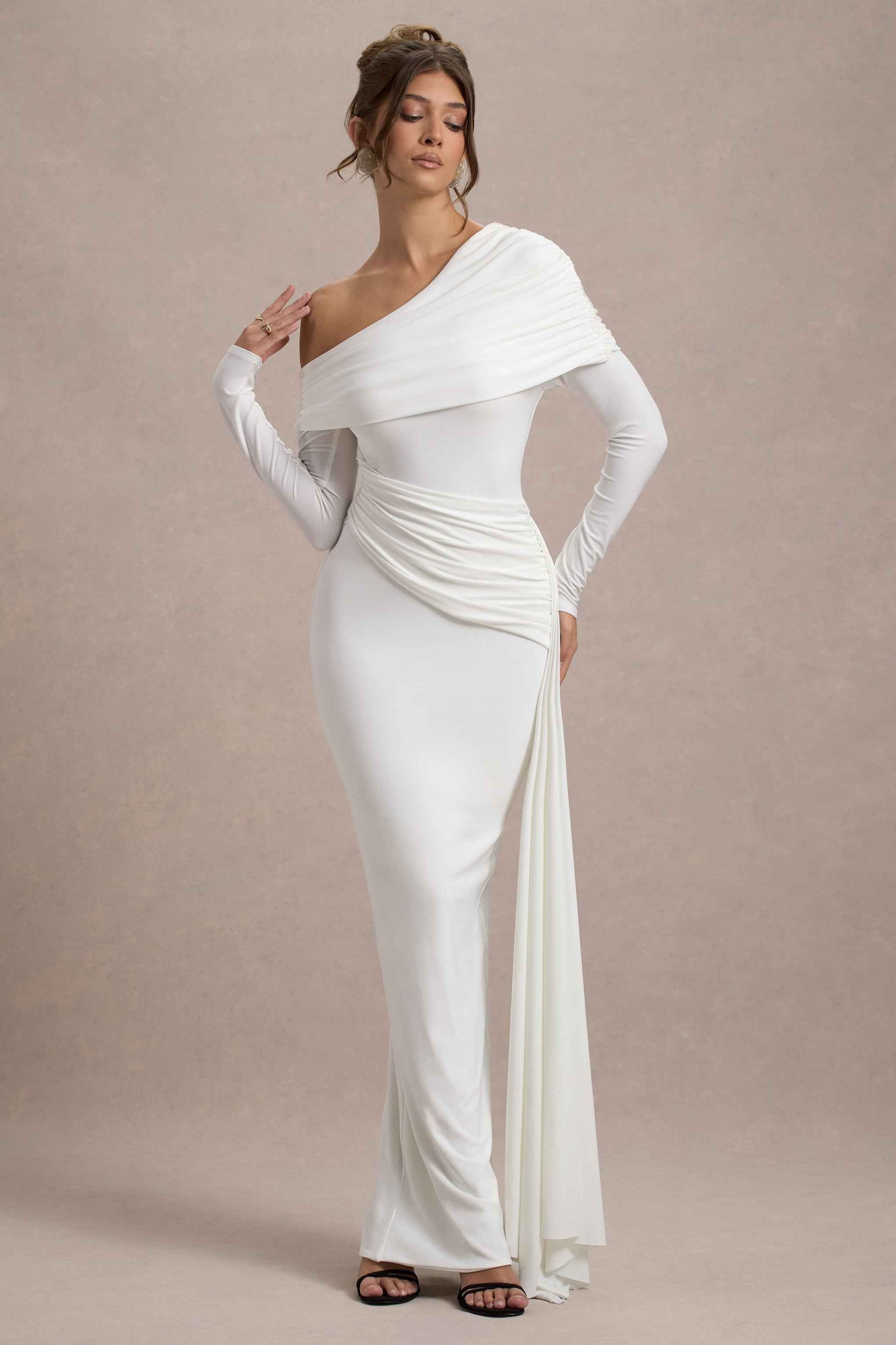 Valina Maxi Dress - White Ruched Asymmetric