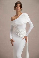 Valina Maxi Dress - White Ruched Asymmetric