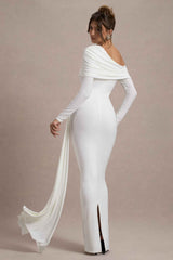 Valina Maxi Dress - White Ruched Asymmetric