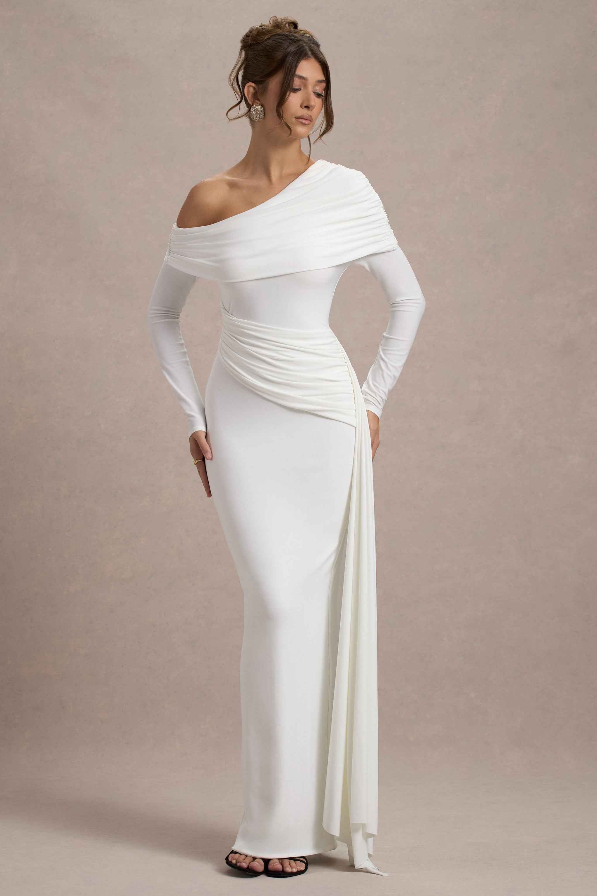 Valina Maxi Dress - White Ruched Asymmetric