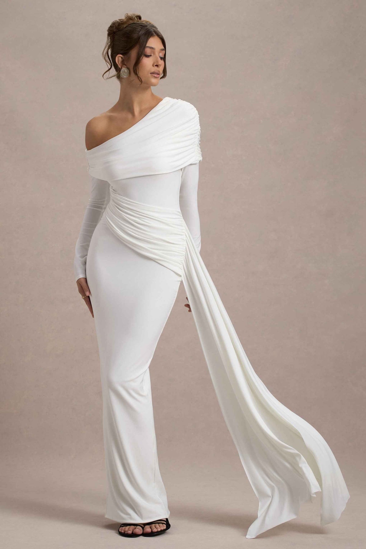 Valina Maxi Dress - White Ruched Asymmetric