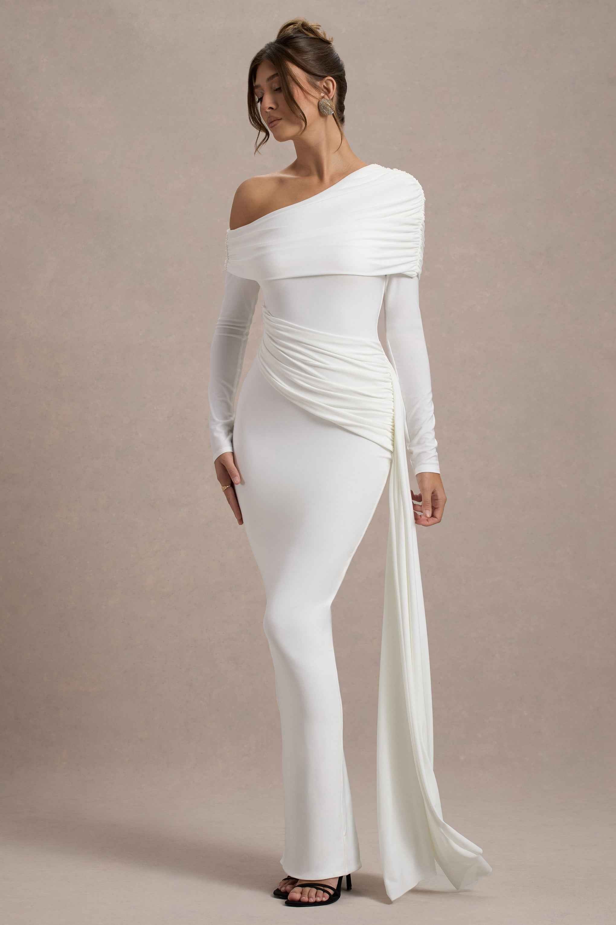 Valina Maxi Dress - White Ruched Asymmetric