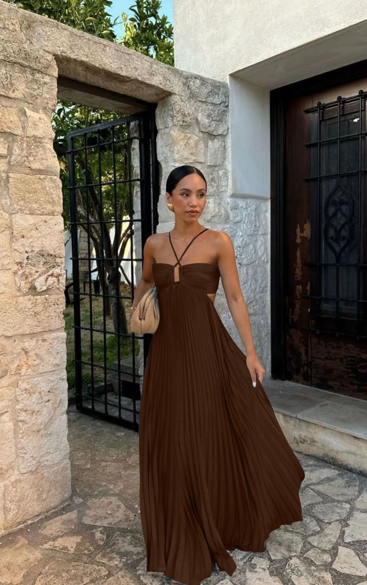 Pleated Sleeveless Maxi Evening Party Dress