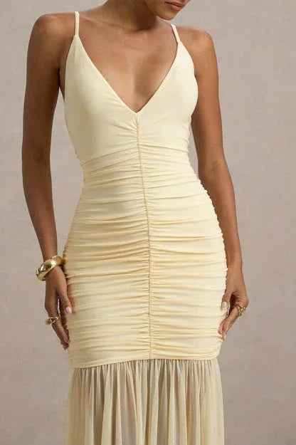 Mermaid Maxi Dress - Pleated Stretch V-Neck