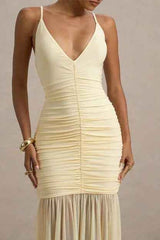 Mermaid Maxi Dress - Pleated Stretch V-Neck