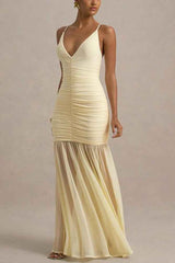 Mermaid Maxi Dress - Pleated Stretch V-Neck